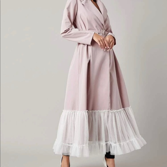 Belted Coat with Ruffle Mesh Hem - Picture 3 of 5